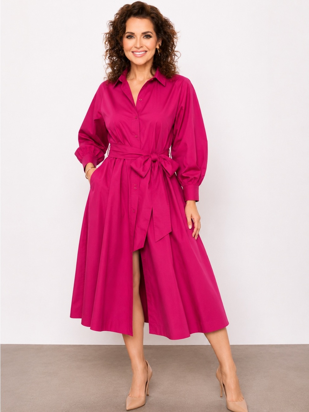 Carolina Herrera Women's Fuchsia Shirt Dress with Tie Waist size Small